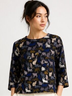 HM Mod Retro Blue Cat Print Cropped Blouse 3/4 Sleeve Boxy Textured Top Size 10